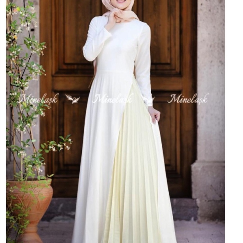 Minel Ask Turkish Boutique White Yellow Pleated Dress
